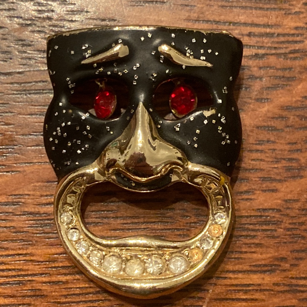 Drama Theatre Mask Black And Gold Brooch With Red Eyes